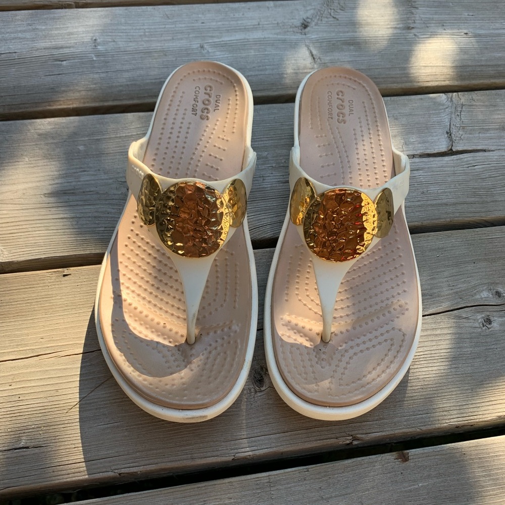 SOLD White/Gold Embellished Dressy Croc Wedge Sandals